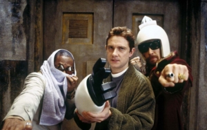 Arthur, Ford and Zaphod attempt to win over the Vogons. The Hitchhiker's Guide to the Galaxy.