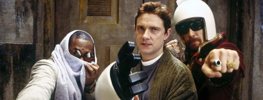 Arthur, Ford and Zaphod attempt to win over the Vogons. The Hitchhiker's Guide to the Galaxy.