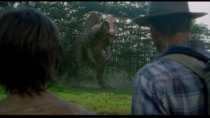 The Spinosaurus threatens the survivors. Jurassic Park 3.