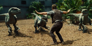 Owen Grady attempts to calm the Velociraptors. Jurassic World.