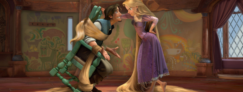 Rapunzel ties up Flynn/Eugene. Tangled