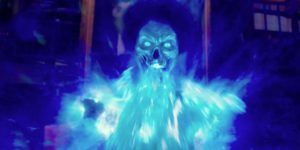 a ghost attacks the ghostbusters. Ghostbusters (2016)