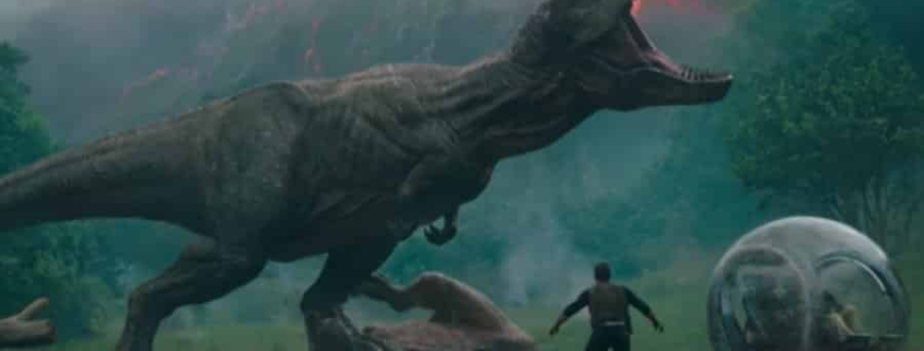 The T-Rex saves Owen, Claire and Franklin. Jurassic World: Fallen Kingdom.