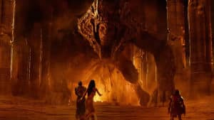 The Sphinx gives the heroes a tough riddle. Gods of Egypt