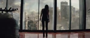 Blake looks out over the devastated city. San Andreas