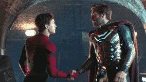 Peter Parker and Quentin Beck / Mysterio shake hands. Spider-Man: Far From Home