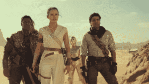 Rey, Poe, Finn and C-3PO