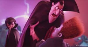 Drac threatens Johnny. Hotel Transylvania.
