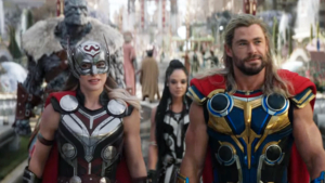 Thor, Mighty Thor, King Valyrie and Korg arrive to meet the gods